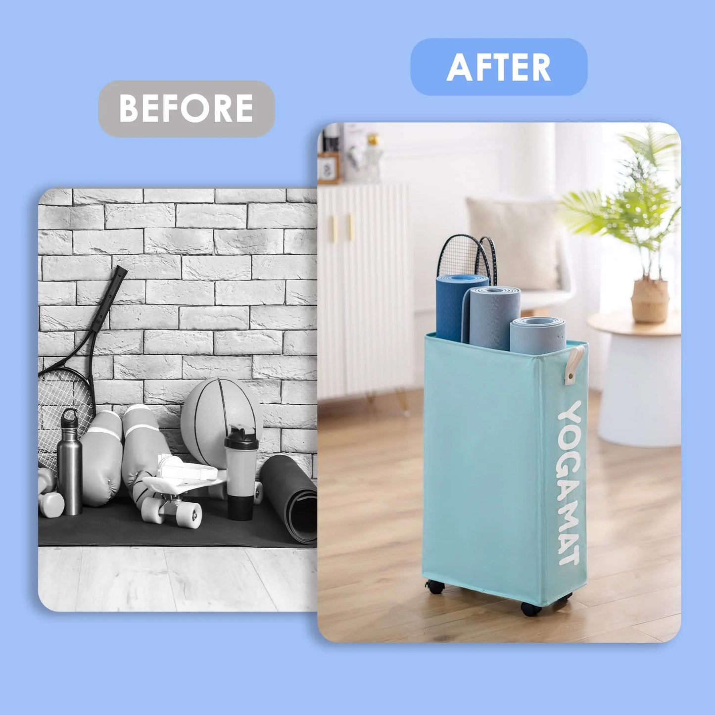 Yoga Mat Storage Rack, 22’’ Large Yoga Mat Holder Accessories, Home Gym Equipment Storage Yoga Mats, Workout Equipment Organization with Wheels, Light Blue