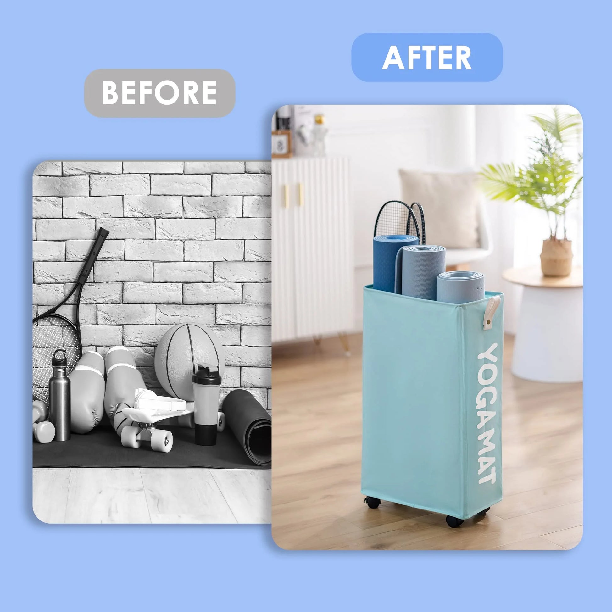 Yoga Mat Storage Rack, 22’’ Large Yoga Mat Holder Accessories, Home Gym Equipment Storage Yoga Mats, Workout Equipment Organization with Wheels, Light Blue