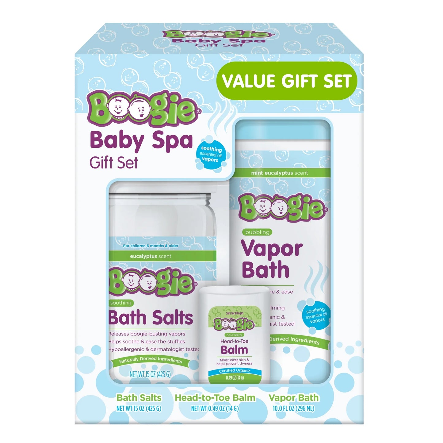 Baby Spa Set with Bubbling Vapor Bath, Soothing Bath Salts, and Head-To-Toe Balm Stick