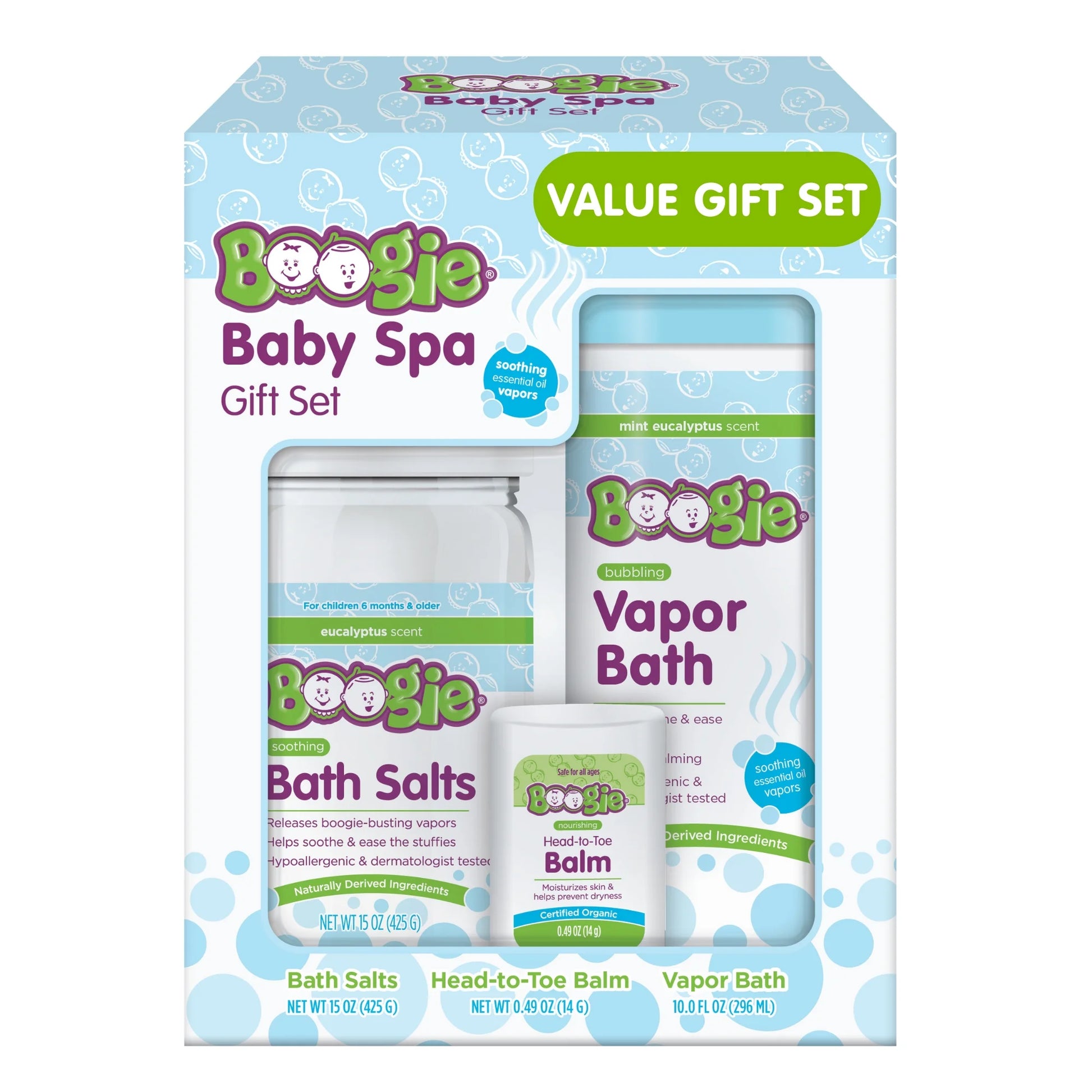 Baby Spa Set with Bubbling Vapor Bath, Soothing Bath Salts, and Head-To-Toe Balm Stick