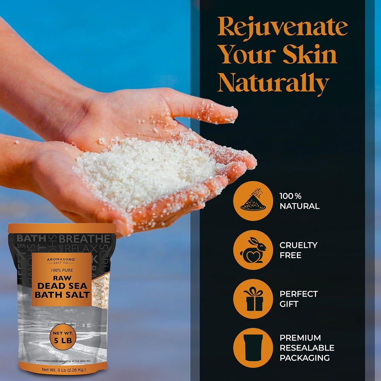 Raw Dead Sea Bath Salt - Minimally Cleaned, Contains More Dead Sea Minerals Including Dead Sea Mud - 100% Pure & Natural Dead Sea Salts for Soaking 5 LB - Bulk Resealable Pack