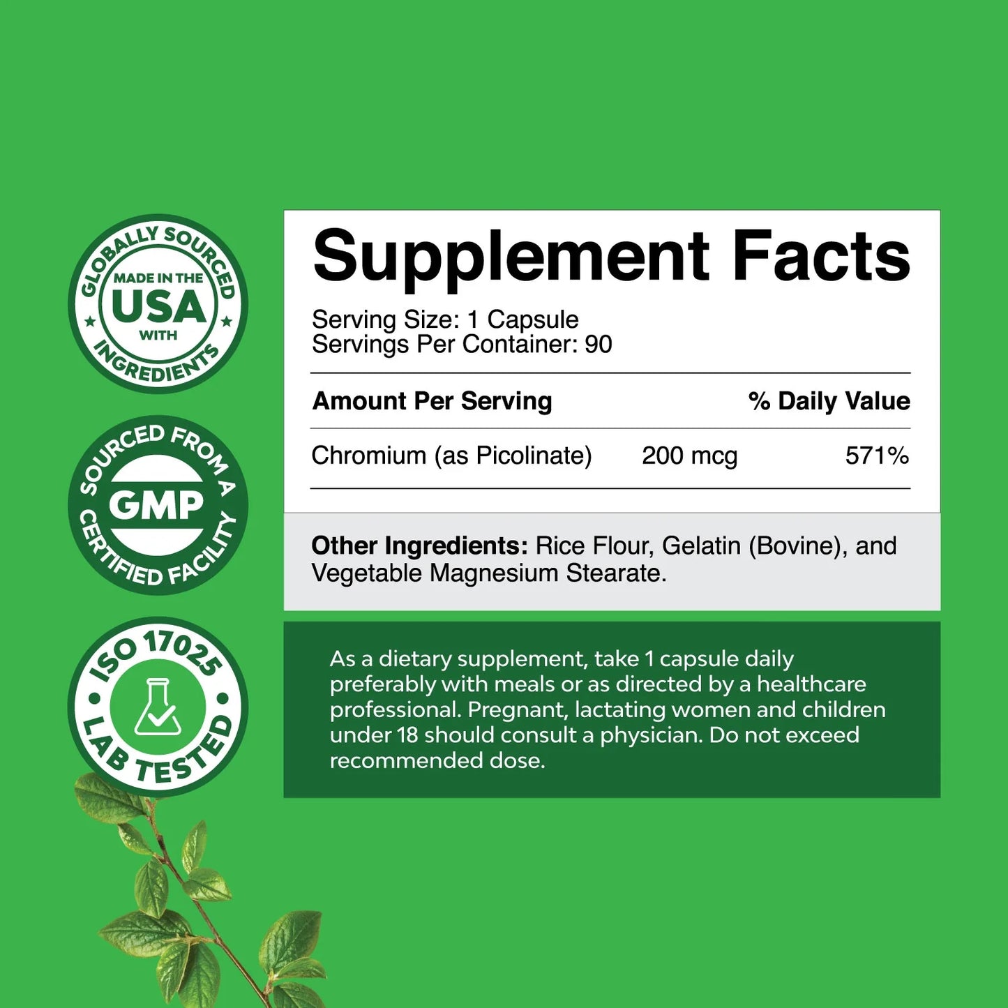 Chromium Picolinate 200Mcg per Serving Mineral Supplements - Natural Chromium Supplement for Sugar Balance Muscle Growth Brain Booster Heart Health - Natural Pre Workout for Men and Women