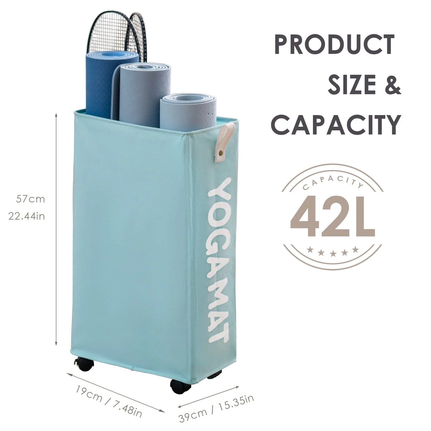 Yoga Mat Storage Rack, 22’’ Large Yoga Mat Holder Accessories, Home Gym Equipment Storage Yoga Mats, Workout Equipment Organization with Wheels, Light Blue