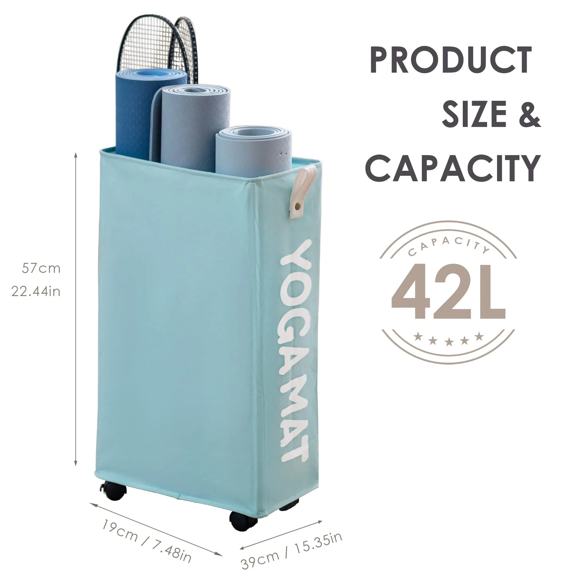 Yoga Mat Storage Rack, 22’’ Large Yoga Mat Holder Accessories, Home Gym Equipment Storage Yoga Mats, Workout Equipment Organization with Wheels, Light Blue