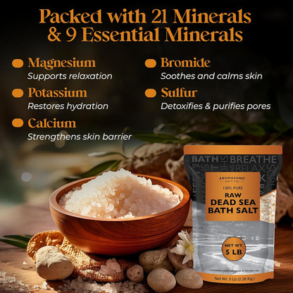 Raw Dead Sea Bath Salt - Minimally Cleaned, Contains More Dead Sea Minerals Including Dead Sea Mud - 100% Pure & Natural Dead Sea Salts for Soaking 5 LB - Bulk Resealable Pack