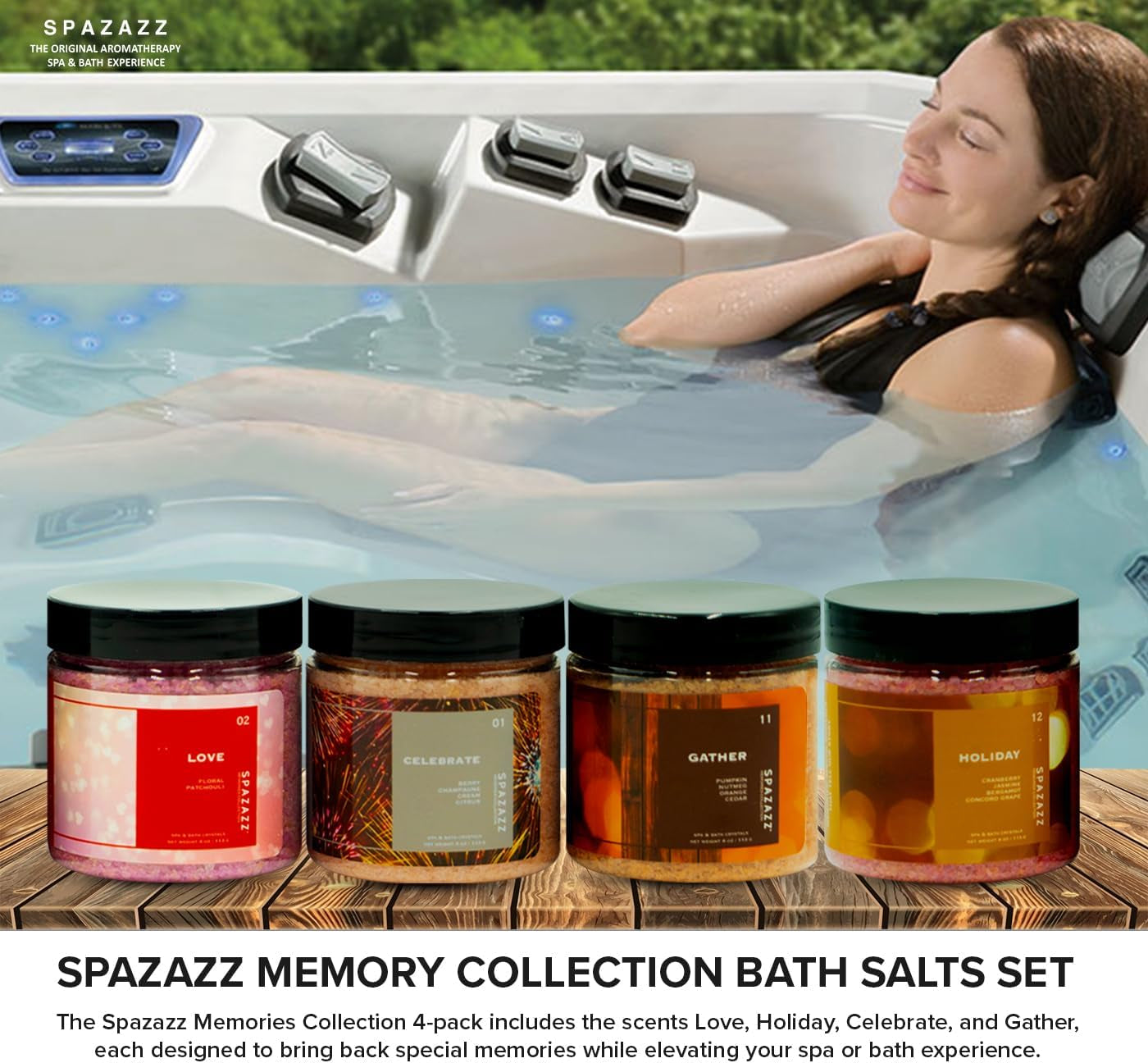 Hot Tub Aromatherapy Memories Collection Bath Salts Set Four-4 Oz Pack - Love, Holiday, Celebrate, Gather -  Hot Tub Crystals and Bath Salts Are Oil-Free & Safe for All Spas