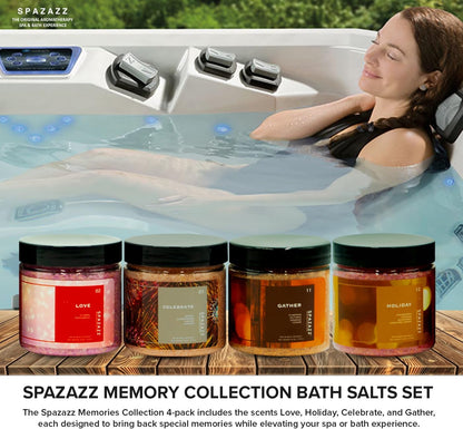 Hot Tub Aromatherapy Memories Collection Bath Salts Set Four-4 Oz Pack - Love, Holiday, Celebrate, Gather -  Hot Tub Crystals and Bath Salts Are Oil-Free & Safe for All Spas