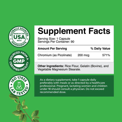Chromium Picolinate 200Mcg per Serving Mineral Supplements - Natural Chromium Supplement for Sugar Balance Muscle Growth Brain Booster Heart Health - Natural Pre Workout for Men and Women
