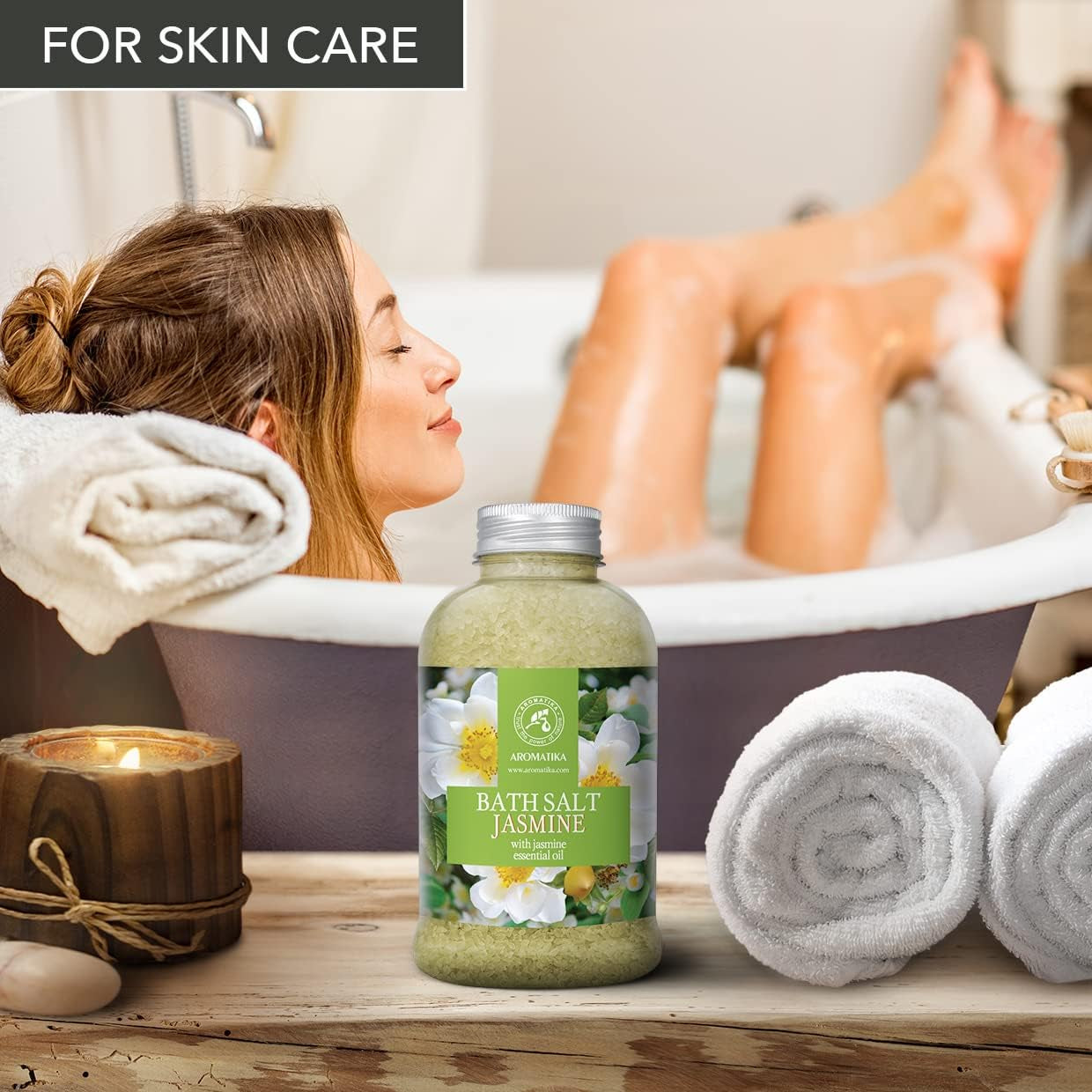 Bath Sea Salt Jasmine 21.16 Oz - Bath Salts with Jasmine Essential Oil for Bath Soak - Relaxing Bath - Body Care - Muscle Relaxation - Good Sleep - Aromatherapy Bath Salts - Flower Bath Salt