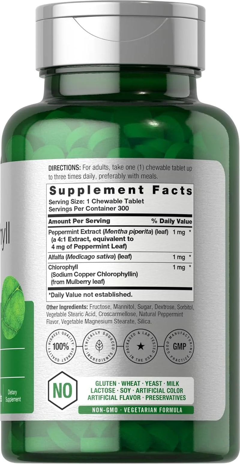 Chlorophyll Tablets | 300 Chewables for Men and Women | Peppermint Flavor | Vegan | by