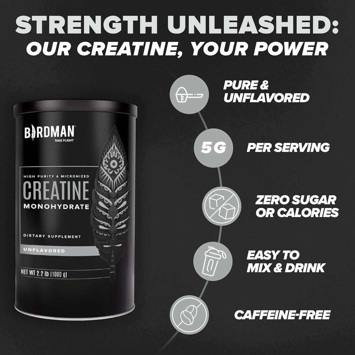 BIRDMAN Micronized Creatine Monohydrate Powder, Organic, Muscle Recovery, Caffei
