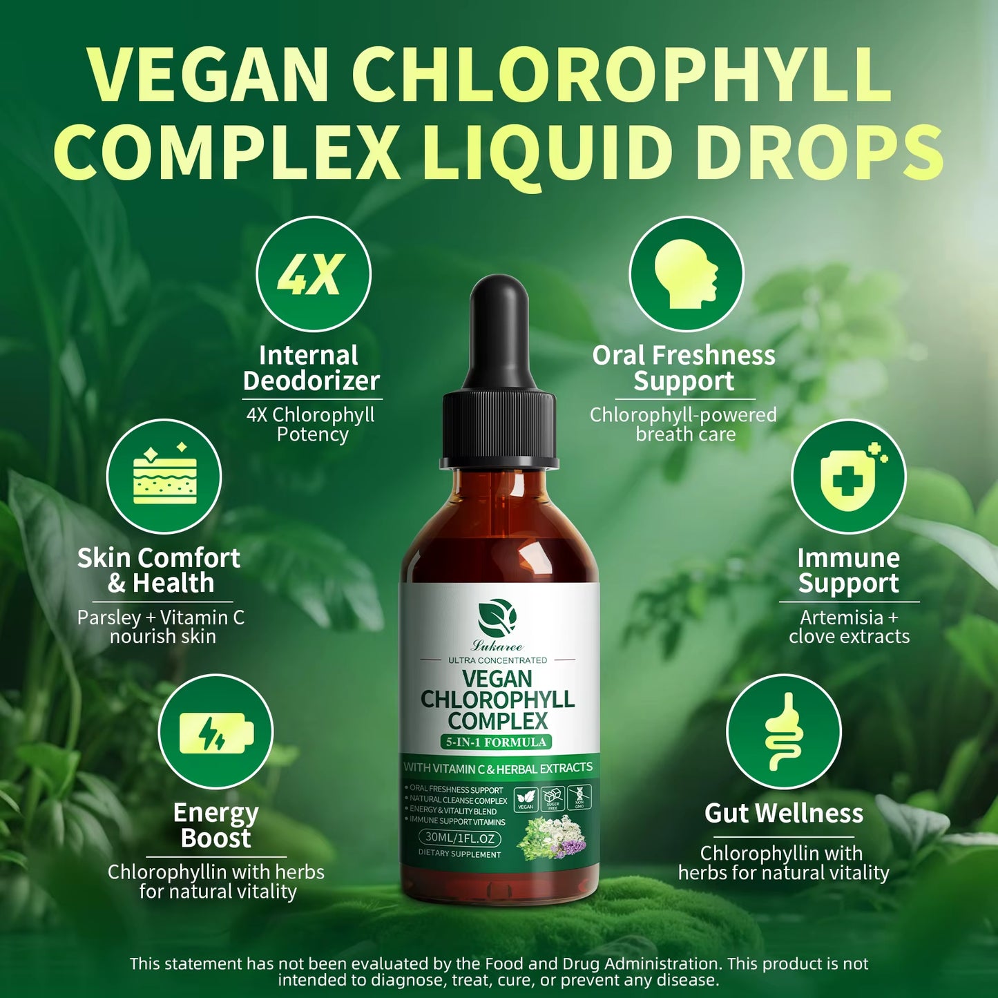 Lukaree 30ML Chlorophyll Liquid Drops Supports Natural Cleansing & Immune, Internal Deodorant,Skin & Gut Health,Vegan,Sugar-Free