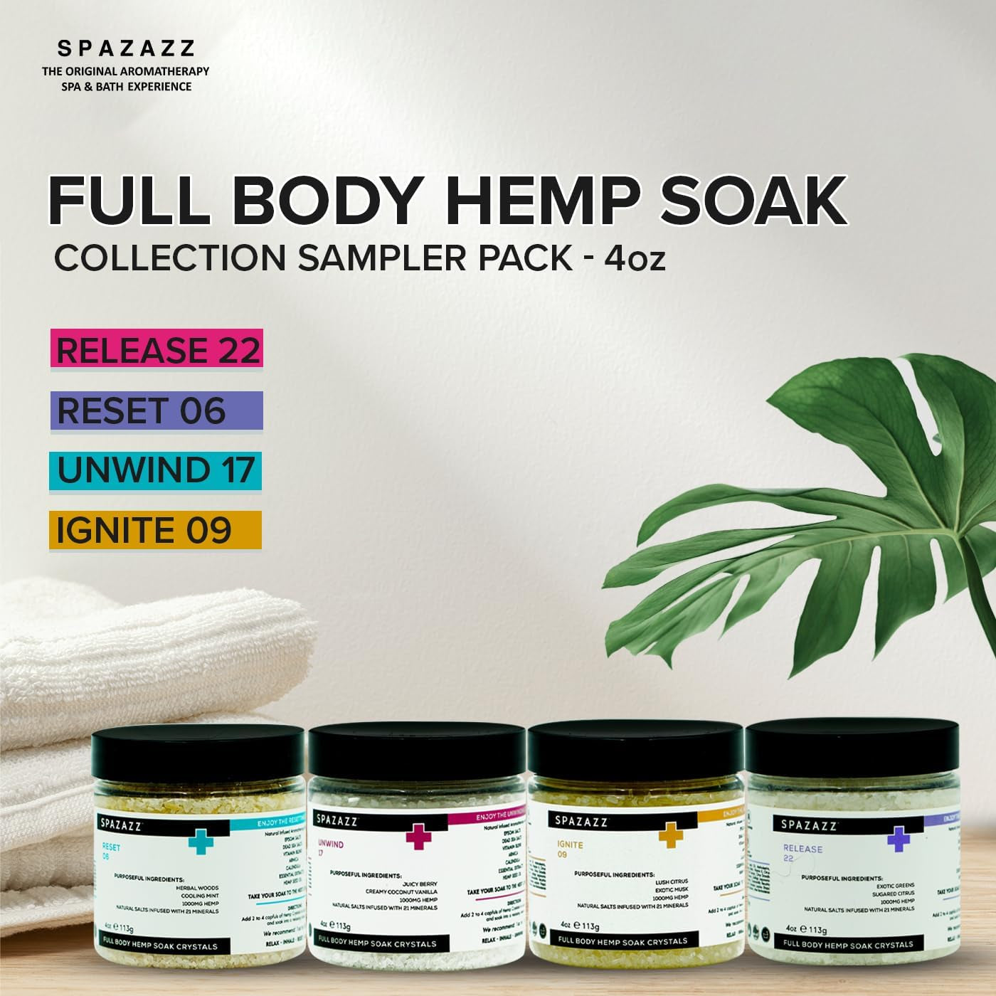 Hot Tub Aromatherapy Full Body Hemp Soak Collection Sampler Pack - 4Oz 1000 Mg Hemp Spa Aromatherapy Hot Tub Bath Salt Crystals 4 Pack: Release 22, Reset 06, Unwind 17, Ignite 09