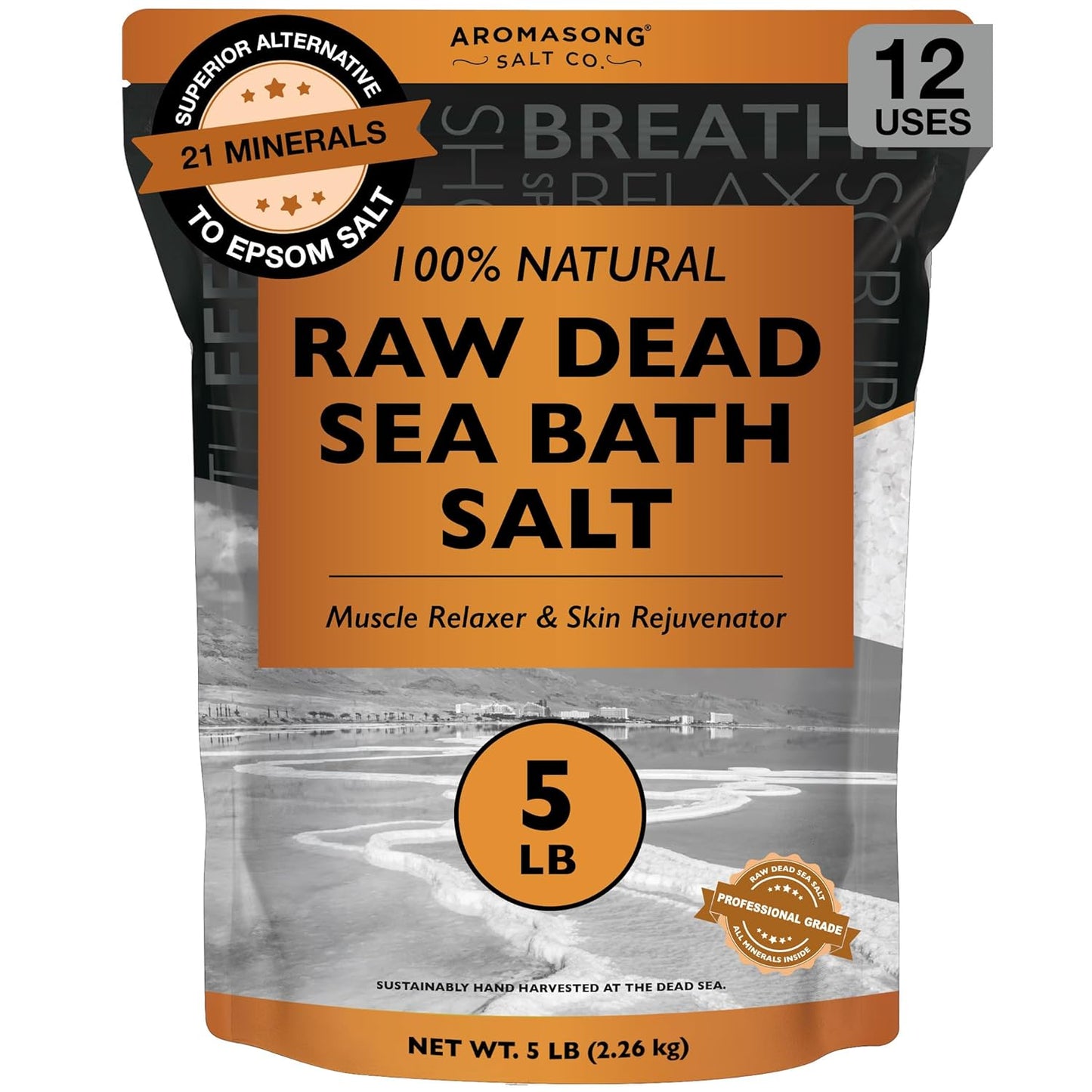 Raw Dead Sea Bath Salt - Minimally Cleaned, Contains More Dead Sea Minerals Including Dead Sea Mud - 100% Pure & Natural Dead Sea Salts for Soaking 5 LB - Bulk Resealable Pack