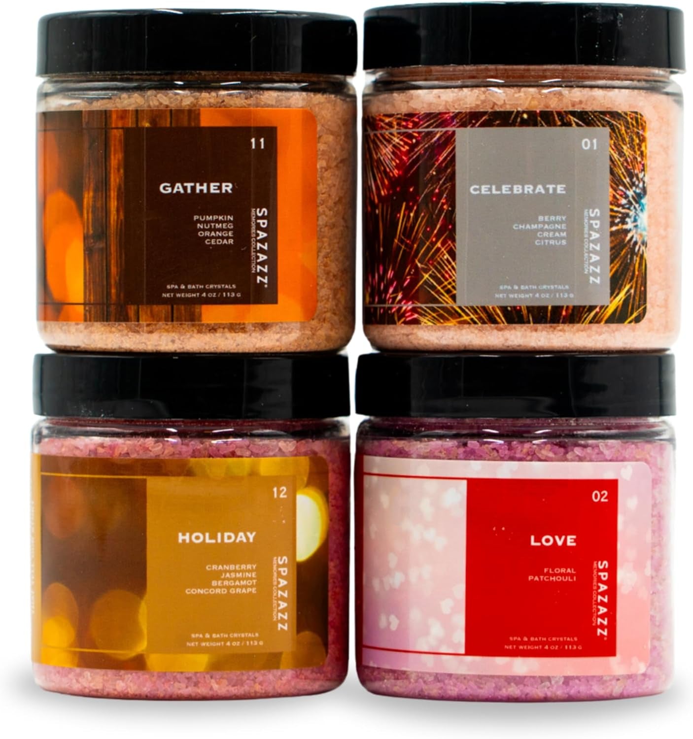 Hot Tub Aromatherapy Memories Collection Bath Salts Set Four-4 Oz Pack - Love, Holiday, Celebrate, Gather -  Hot Tub Crystals and Bath Salts Are Oil-Free & Safe for All Spas