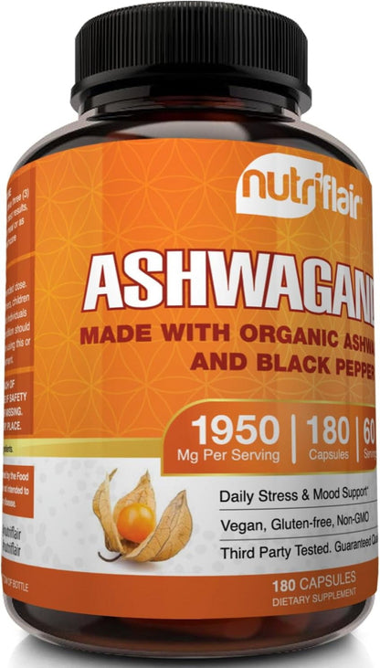1950Mg Organic Ashwagandha Root Extract with Black Pepper for Stress Relief, 180 Count