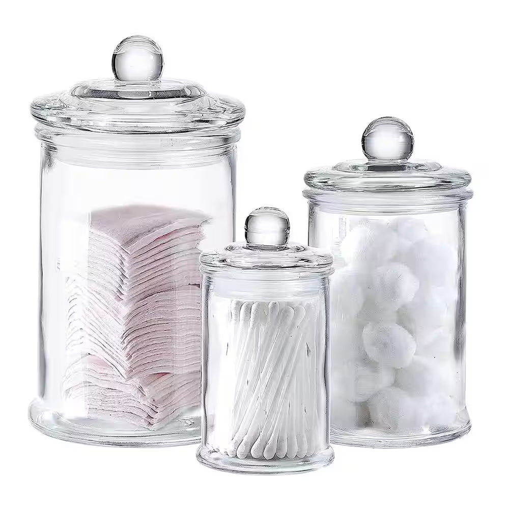 3Set of Bathroom Premium Glass Storage Container Apothecary Jars with Decorative Crystal for Kitchen or Bathroom
