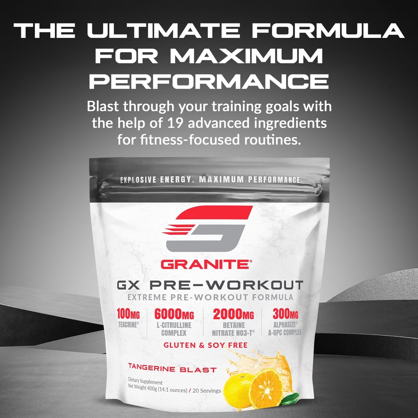 Granite GX Pre Workout Supplement, Tangerine Blast Flavor, Supports Focus, Energy, & Performance with Teacrine, L-Citrulline, Betaine, & A-GPC (20 Servings)