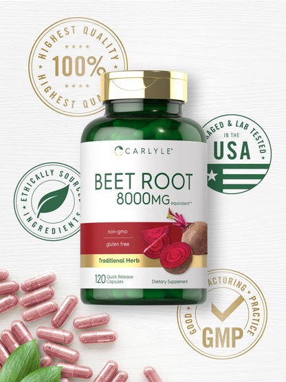 Beet Root Capsules | 8000 Mg | 120 Count | Non-Gmo and Gluten Free Supplement | by