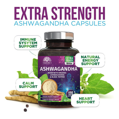 Organic Ashwagandha Extra Strength 1950 Mg - Ashwagandha Supplements for Women & Men, Antioxidant Support, Nature'S Vegan Ashwagandha Powder Organic, Non-Gmo & Gluten Free - 120 Capsules