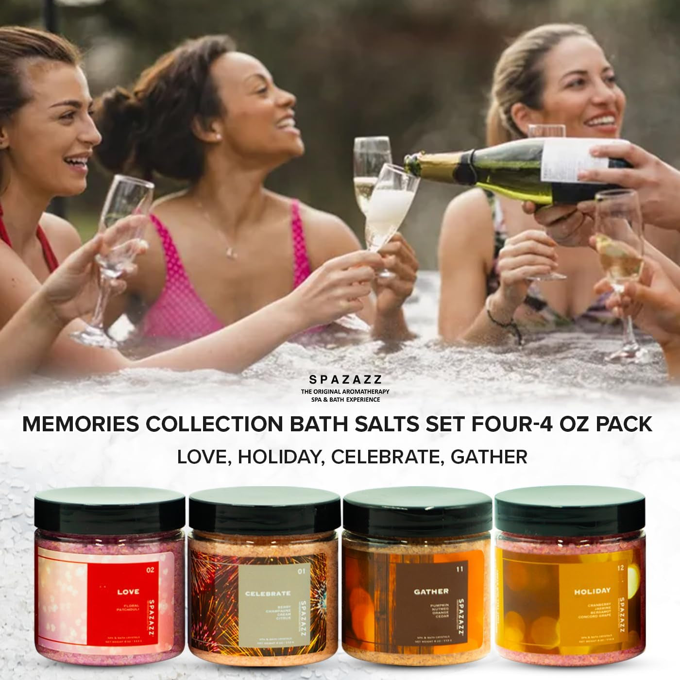 Hot Tub Aromatherapy Memories Collection Bath Salts Set Four-4 Oz Pack - Love, Holiday, Celebrate, Gather -  Hot Tub Crystals and Bath Salts Are Oil-Free & Safe for All Spas