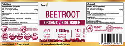 Organic Beet Root Supplement - 180 Capsules | 10,000Mg Equivalent - 20:1 Extract