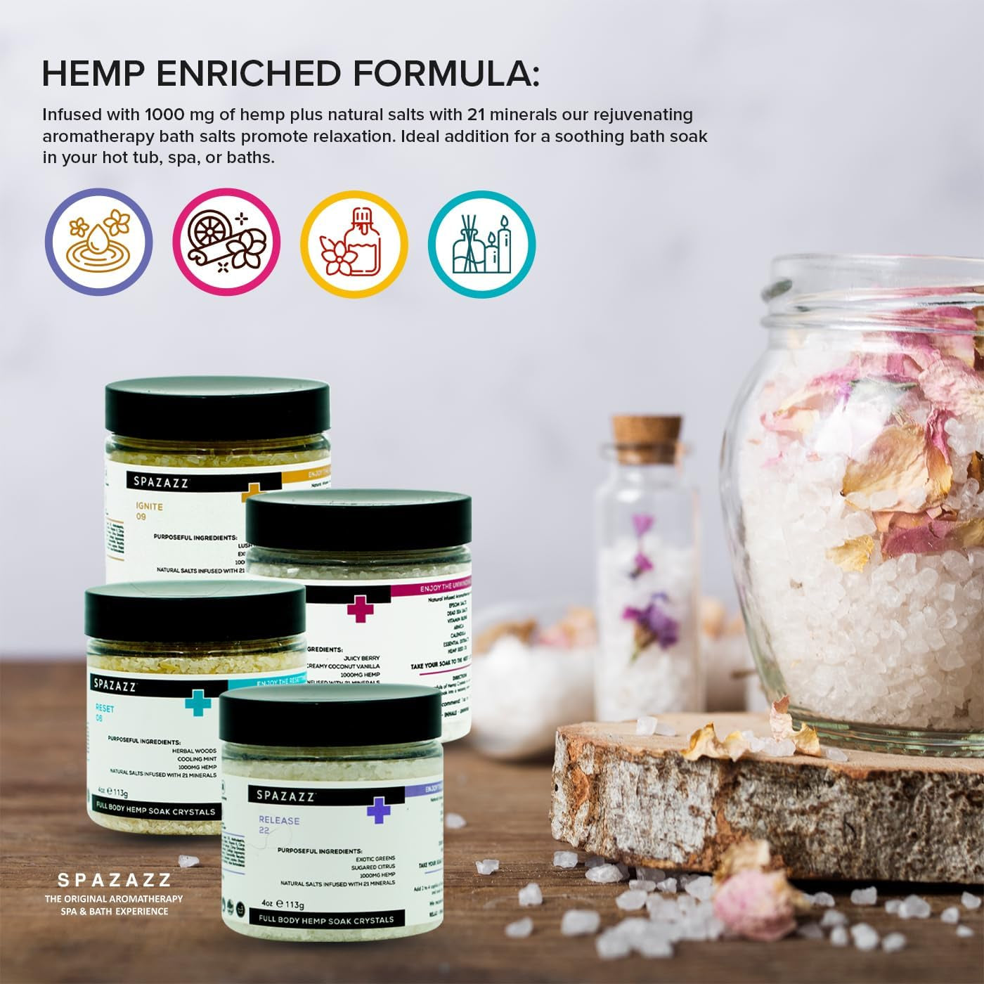 Hot Tub Aromatherapy Full Body Hemp Soak Collection Sampler Pack - 4Oz 1000 Mg Hemp Spa Aromatherapy Hot Tub Bath Salt Crystals 4 Pack: Release 22, Reset 06, Unwind 17, Ignite 09