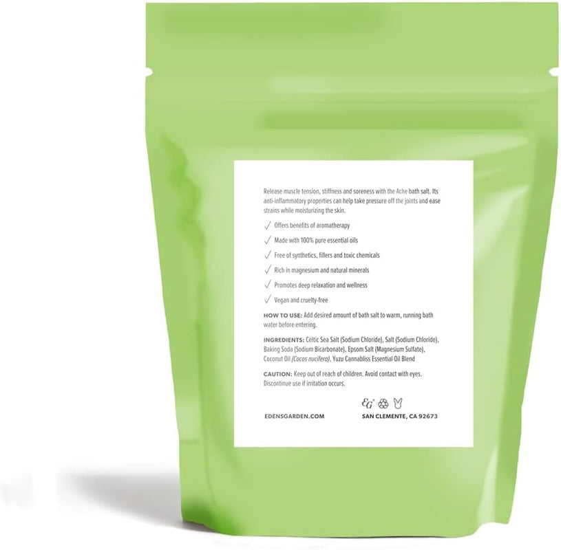 Ache Bath Salt Soak – Yuzu Cannabliss Blend with Pure Essential Oils, Epsom, Dead Sea Salt & Magnesium – for Men & Women, Tension Relief & Muscle Recovery after Workout, 10 Oz (283 G)