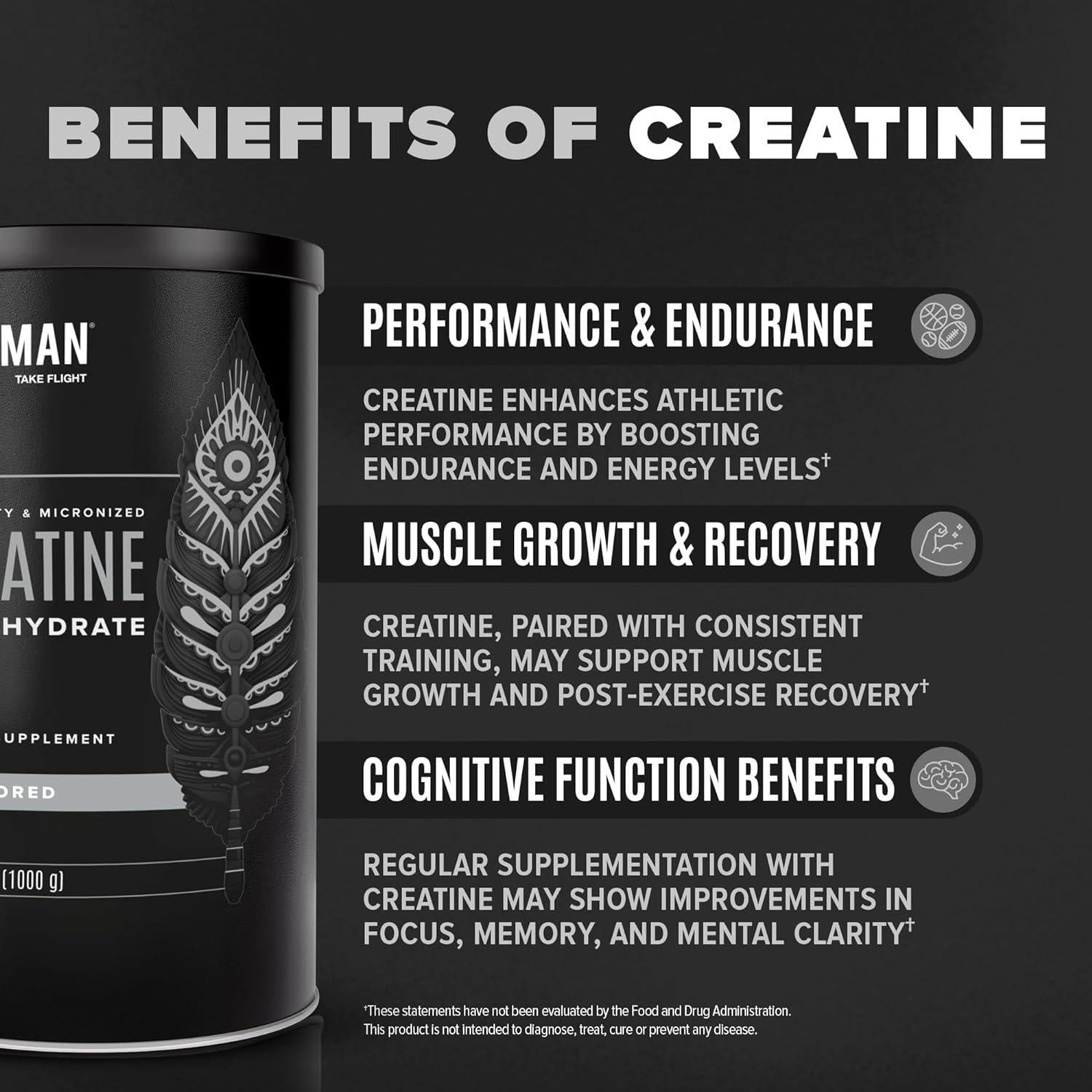 BIRDMAN Micronized Creatine Monohydrate Powder, Organic, Muscle Recovery, Caffei