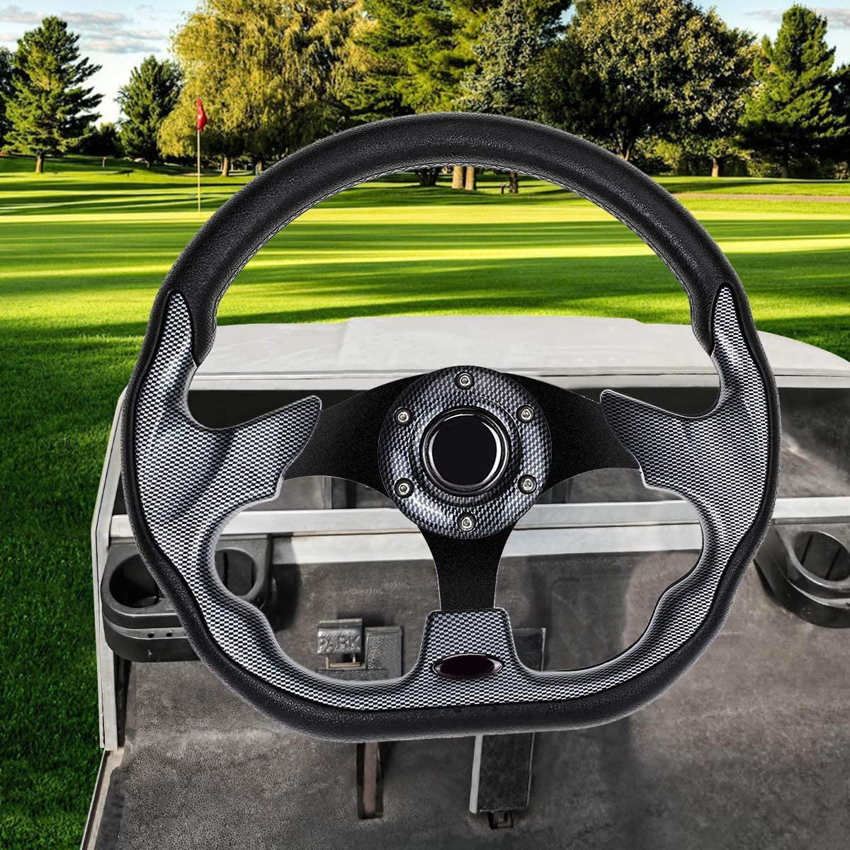 Golf Cart Steering Wheel for EZGO Txt/Rxv/Valor/Marathon, Club Car Ds/Precedent/Onward/Tempo and Yamaha G2-G29 Drive Carts with Racing D-Shape Comfortable Grip Ergonomic Design Precise Steering.
