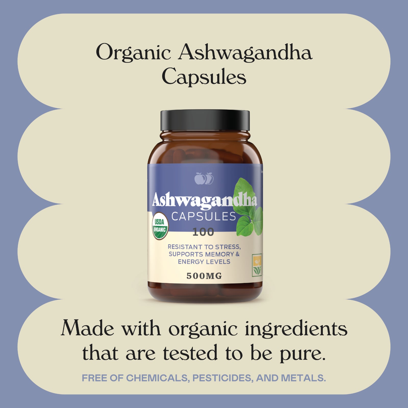 Organic Ashwagandha Capsules - 100 Capsules 500Mg Pure Ashwagandha Supplement