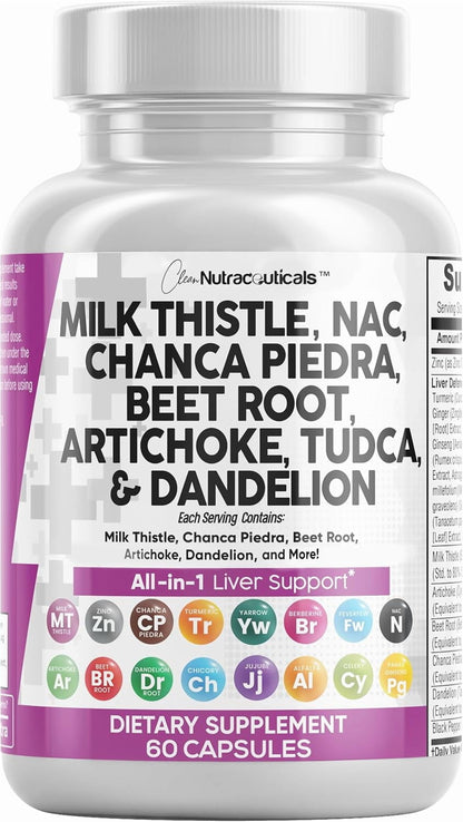 Milk Thistle NAC Chanca Piedra Beet Root Artichoke Dandelion Root - Liver Cleanse Detox & Repair Supplement plus TUDCA Choline and Ginger - 60 Count