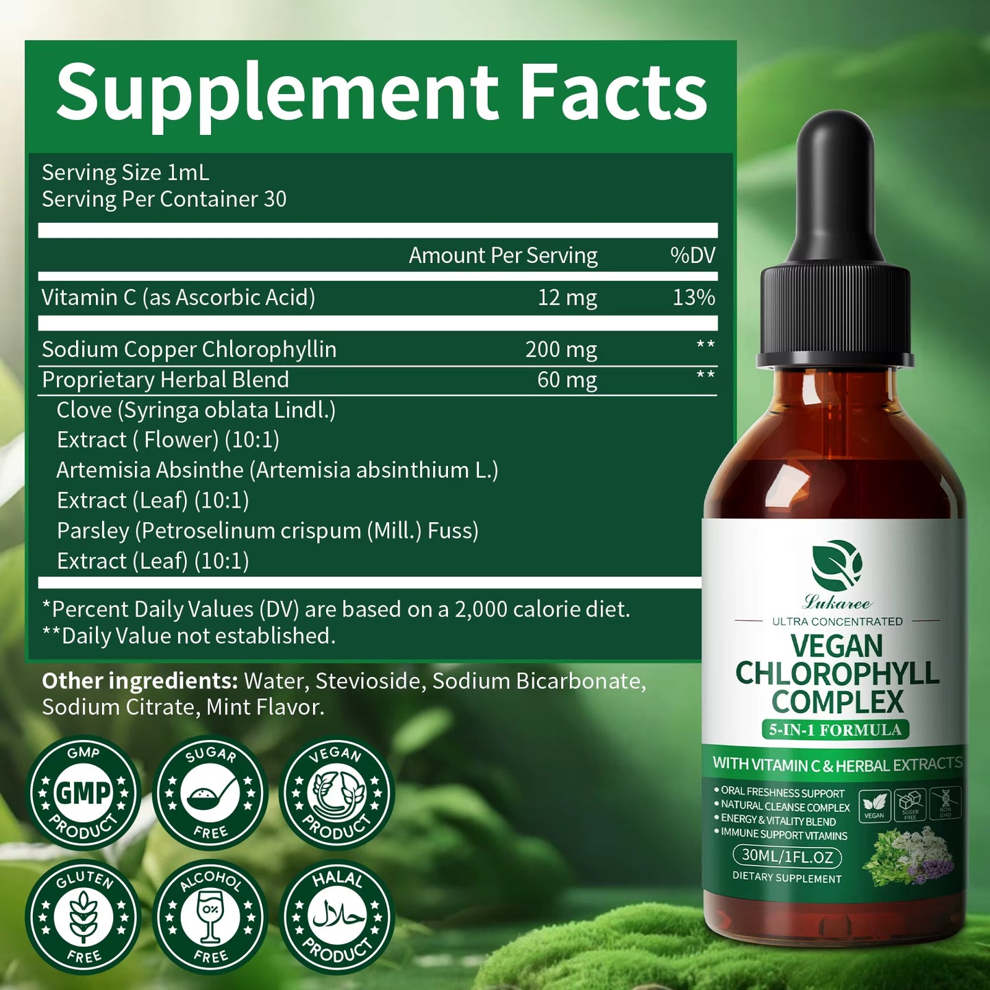 Lukaree 30ML Chlorophyll Liquid Drops Supports Natural Cleansing & Immune, Internal Deodorant,Skin & Gut Health,Vegan,Sugar-Free