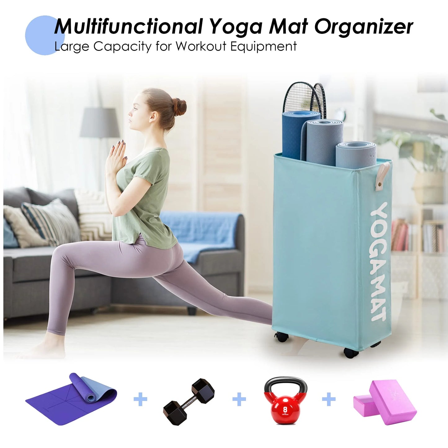 Yoga Mat Storage Rack, 22’’ Large Yoga Mat Holder Accessories, Home Gym Equipment Storage Yoga Mats, Workout Equipment Organization with Wheels, Light Blue
