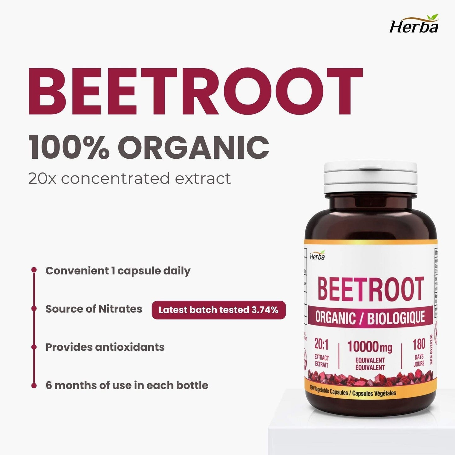 Organic Beet Root Supplement - 180 Capsules | 10,000Mg Equivalent - 20:1 Extract