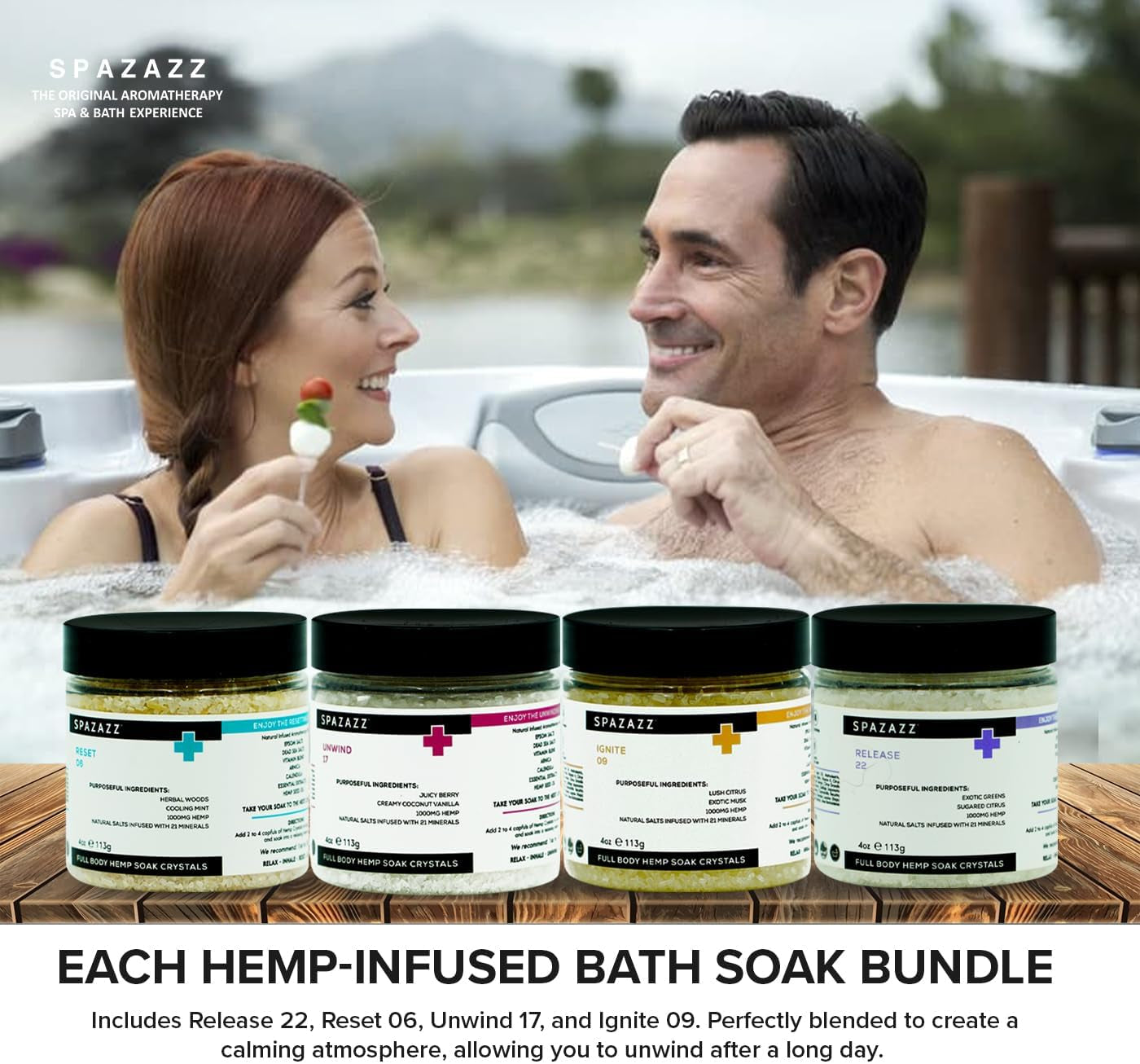 Hot Tub Aromatherapy Full Body Hemp Soak Collection Sampler Pack - 4Oz 1000 Mg Hemp Spa Aromatherapy Hot Tub Bath Salt Crystals 4 Pack: Release 22, Reset 06, Unwind 17, Ignite 09