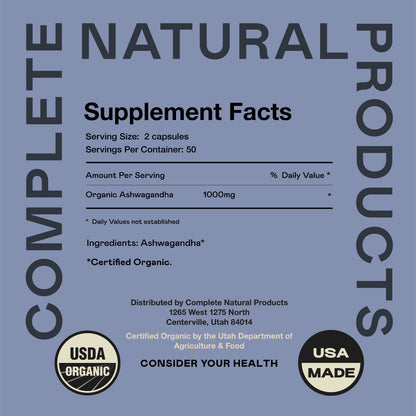 Organic Ashwagandha Capsules - 100 Capsules 500Mg Pure Ashwagandha Supplement