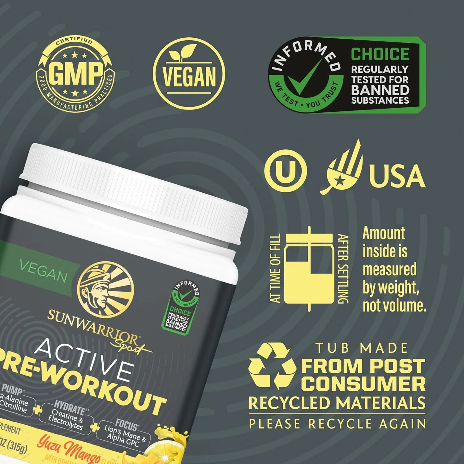 Active Pre-Workout Powder for Men & Women, Yuzu Mango, 315G (30 Servings)