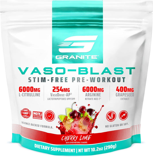 Vaso Blast, Cherry Lime Flavor, Stimulant-Free Pre Workout for Men & Women with Grapeseed Extract, Arginine Nitrite, & Vasodrive-Ap for Max Pump (20 Servings)