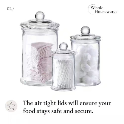 3Set of Bathroom Premium Glass Storage Container Apothecary Jars with Decorative Crystal for Kitchen or Bathroom