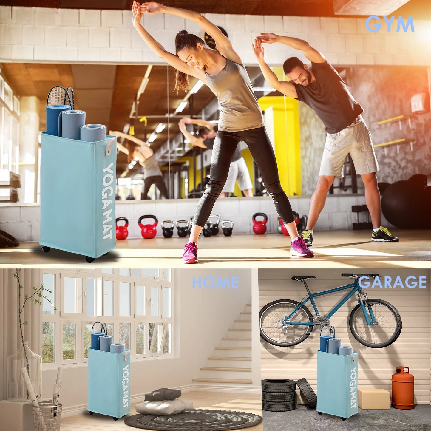 Yoga Mat Storage Rack, 22’’ Large Yoga Mat Holder Accessories, Home Gym Equipment Storage Yoga Mats, Workout Equipment Organization with Wheels, Light Blue