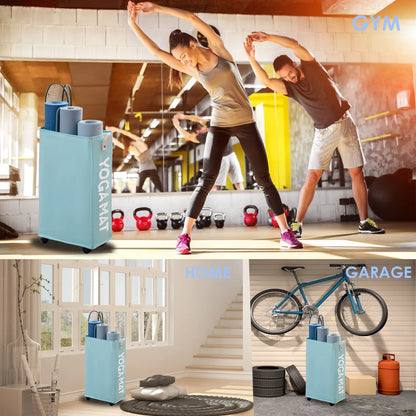 Yoga Mat Storage Rack, 22’’ Large Yoga Mat Holder Accessories, Home Gym Equipment Storage Yoga Mats, Workout Equipment Organization with Wheels, Light Blue