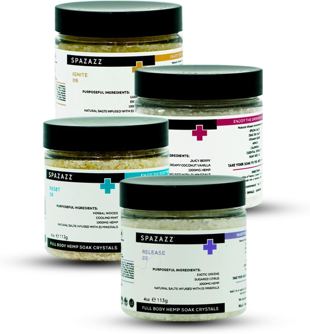 Hot Tub Aromatherapy Full Body Hemp Soak Collection Sampler Pack - 4Oz 1000 Mg Hemp Spa Aromatherapy Hot Tub Bath Salt Crystals 4 Pack: Release 22, Reset 06, Unwind 17, Ignite 09