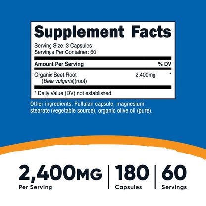 Beet Root 2400Mg, 180 Capsules - Supplement Made with Organic Beet Root, 60 Servings