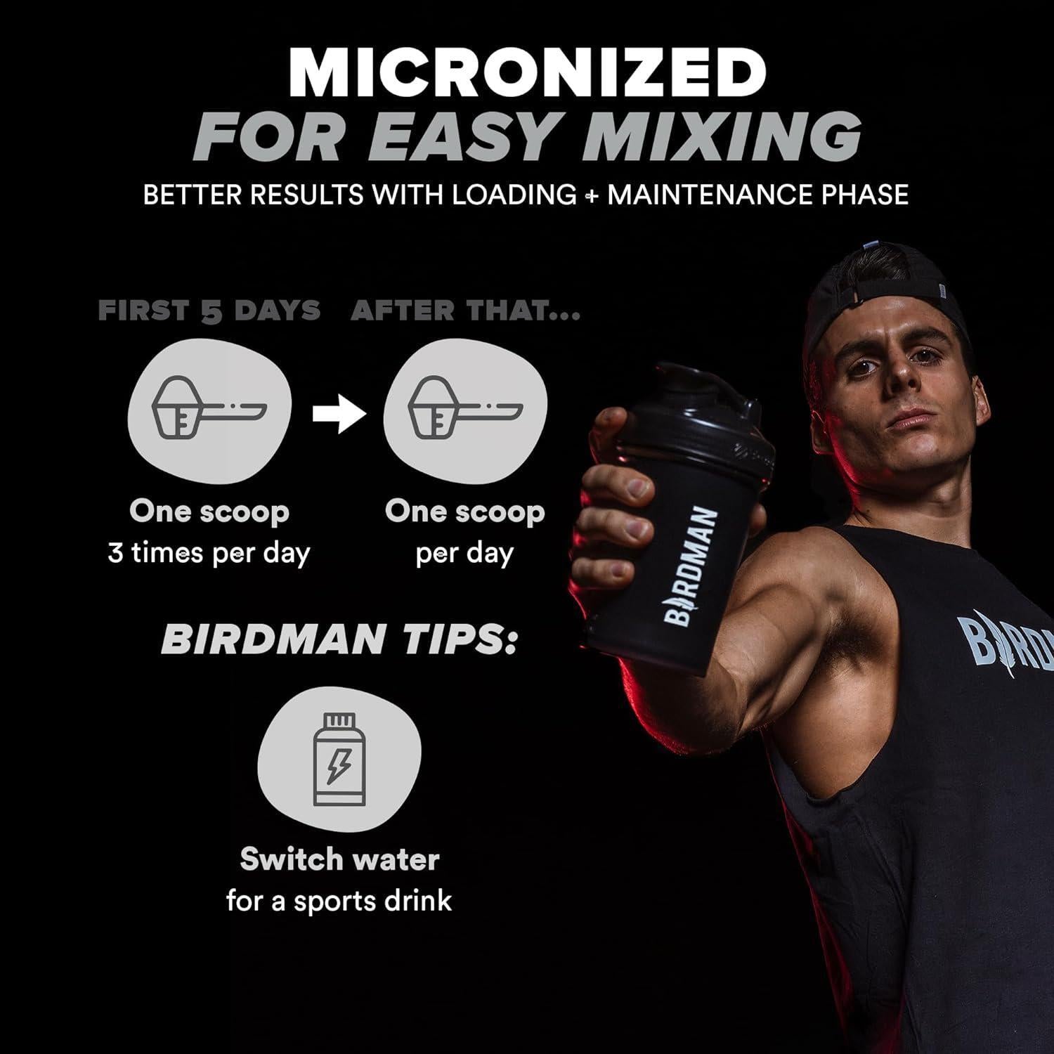 BIRDMAN Micronized Creatine Monohydrate Powder, Organic, Muscle Recovery, Caffei