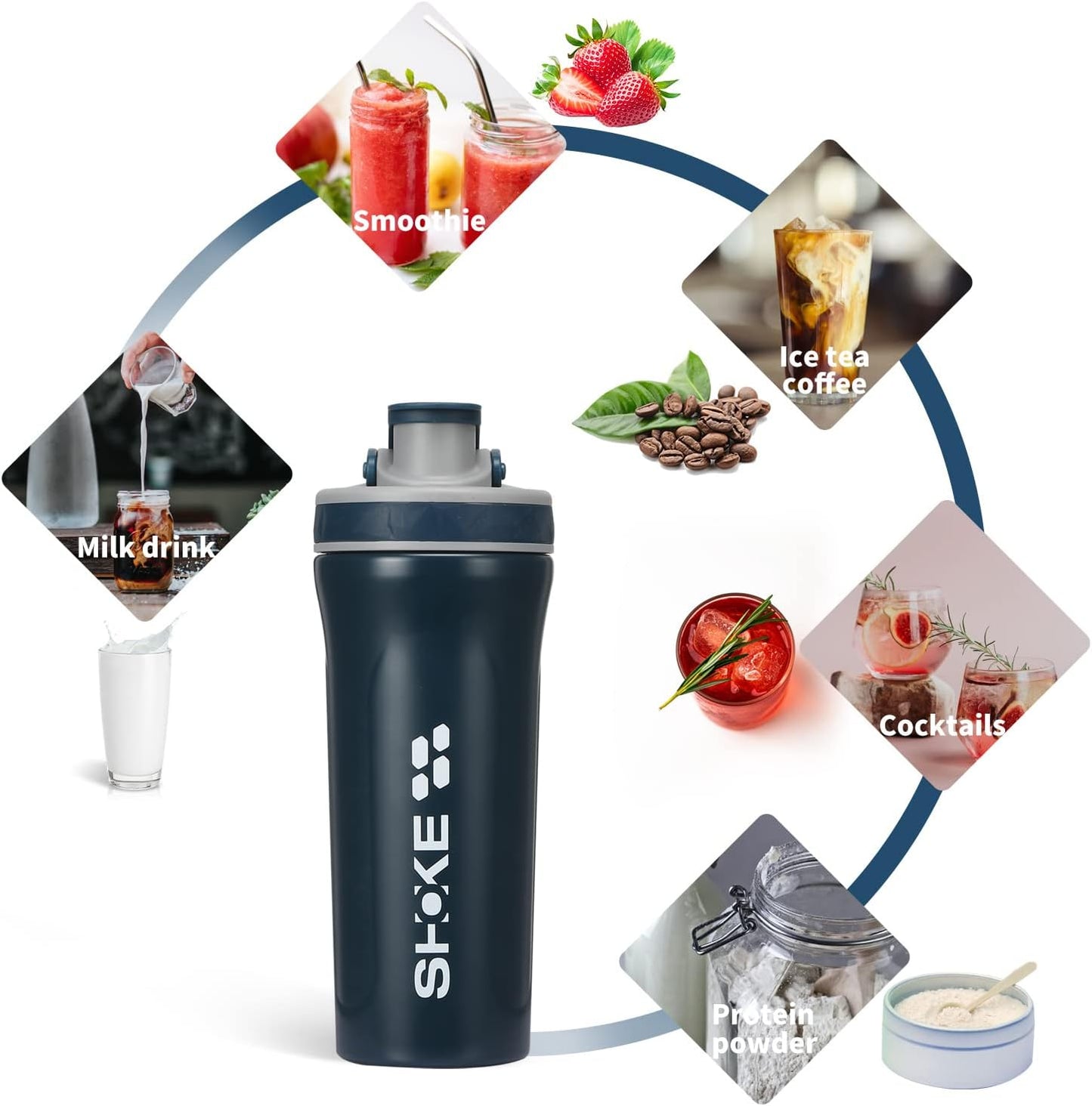 Stainless Steel Shaker Bottle Water Bottle with Whisk Protein 27Oz Shaker Bottles/Shaker Cups for Protein Mixes Leak Proof with Rubber Water Bottle Sleeve and Rubber Handle-Blue