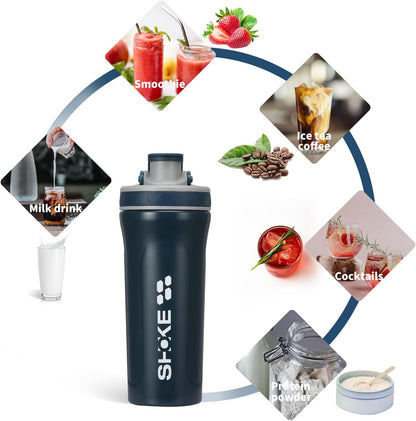 Stainless Steel Shaker Bottle Water Bottle with Whisk Protein 27Oz Shaker Bottles/Shaker Cups for Protein Mixes Leak Proof with Rubber Water Bottle Sleeve and Rubber Handle-Blue