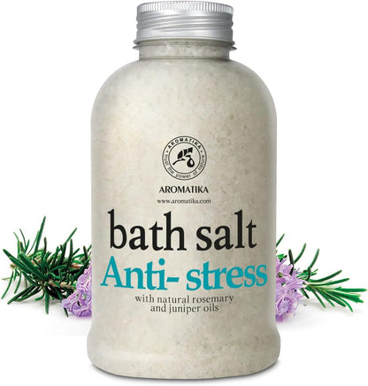 De-Stress Bath Salt 21.16 Oz W/Natural Rosemary & Juniper Oils - Natural Bath Sea Salts 600G - Best for Good Sleep - Relaxing - Calming - Body Care - Beauty - Aromatherapy