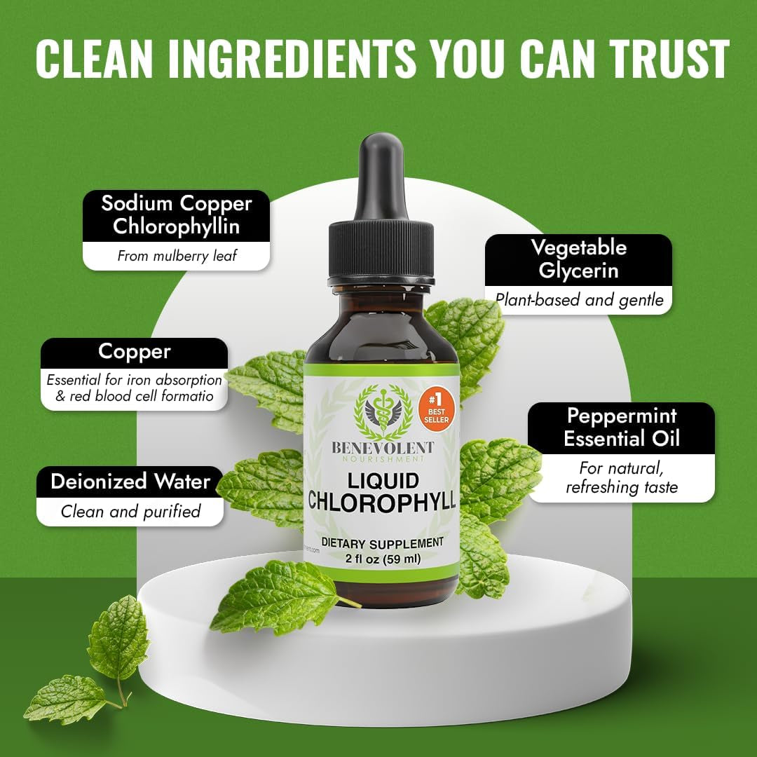 Chlorophyll Supplement, Detox & Immune Support, Internal Deodorizer - Liquid Drops, Natural Mint Flavor, 4 Month Supply, 59Ml