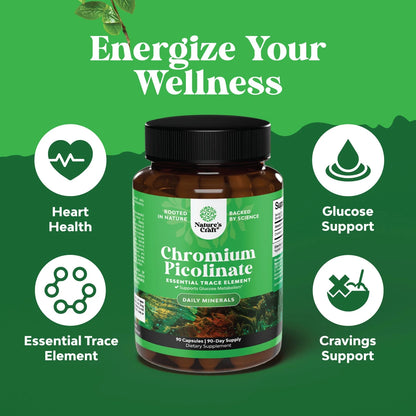 Chromium Picolinate 200Mcg per Serving Mineral Supplements - Natural Chromium Supplement for Sugar Balance Muscle Growth Brain Booster Heart Health - Natural Pre Workout for Men and Women